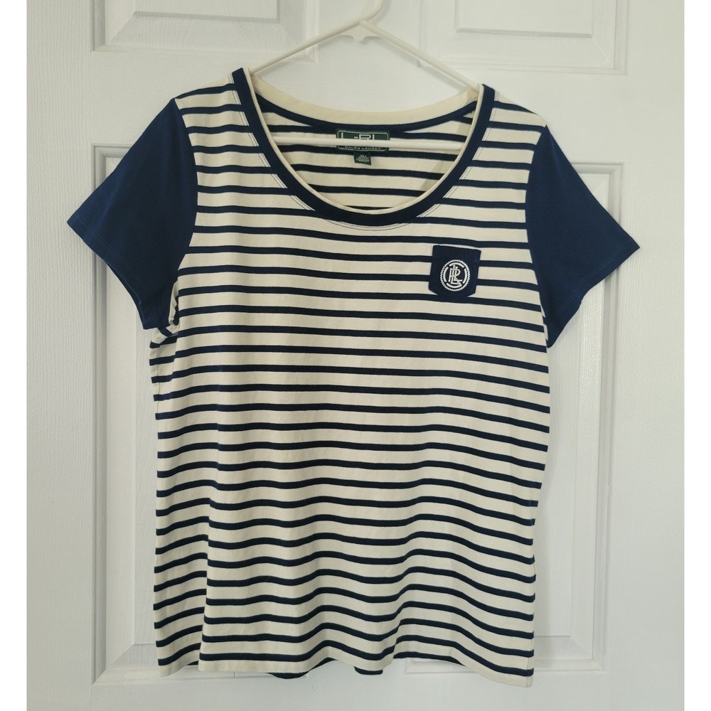 Lauren Ralph Lauren Active Striped Navy White Knit Top Women's XL Crest Pocket